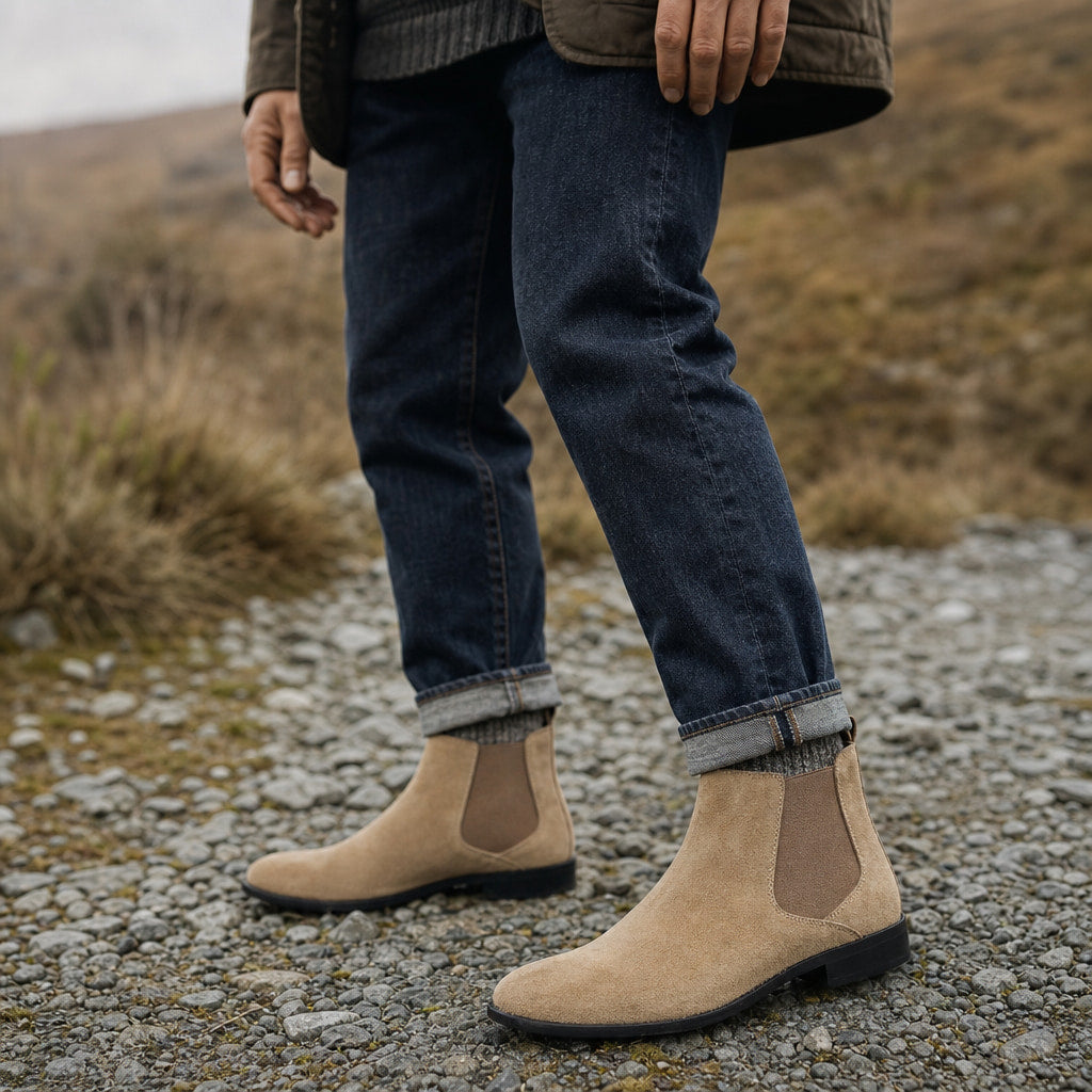 Suede Chelsea Boots Elastic Side Gore Beige – Side Angle View