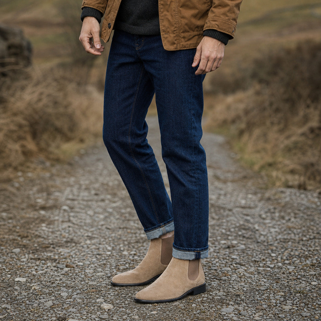 Suede Chelsea Boots Elastic Side Gore Beige – Full Look