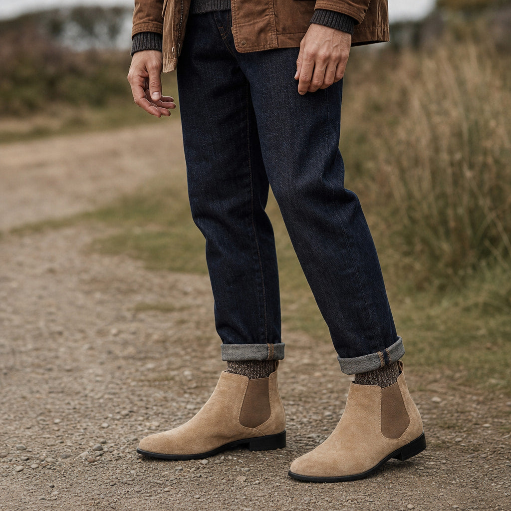 Suede Chelsea Boots Elastic Side Gore Beige – Product Photo