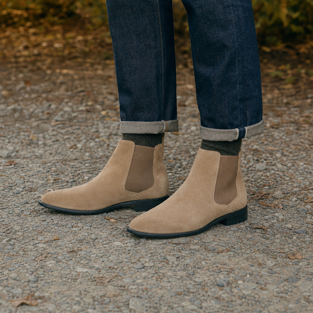Suede Chelsea Boots Elastic Side Gore Beige – Styled Editorial Shot