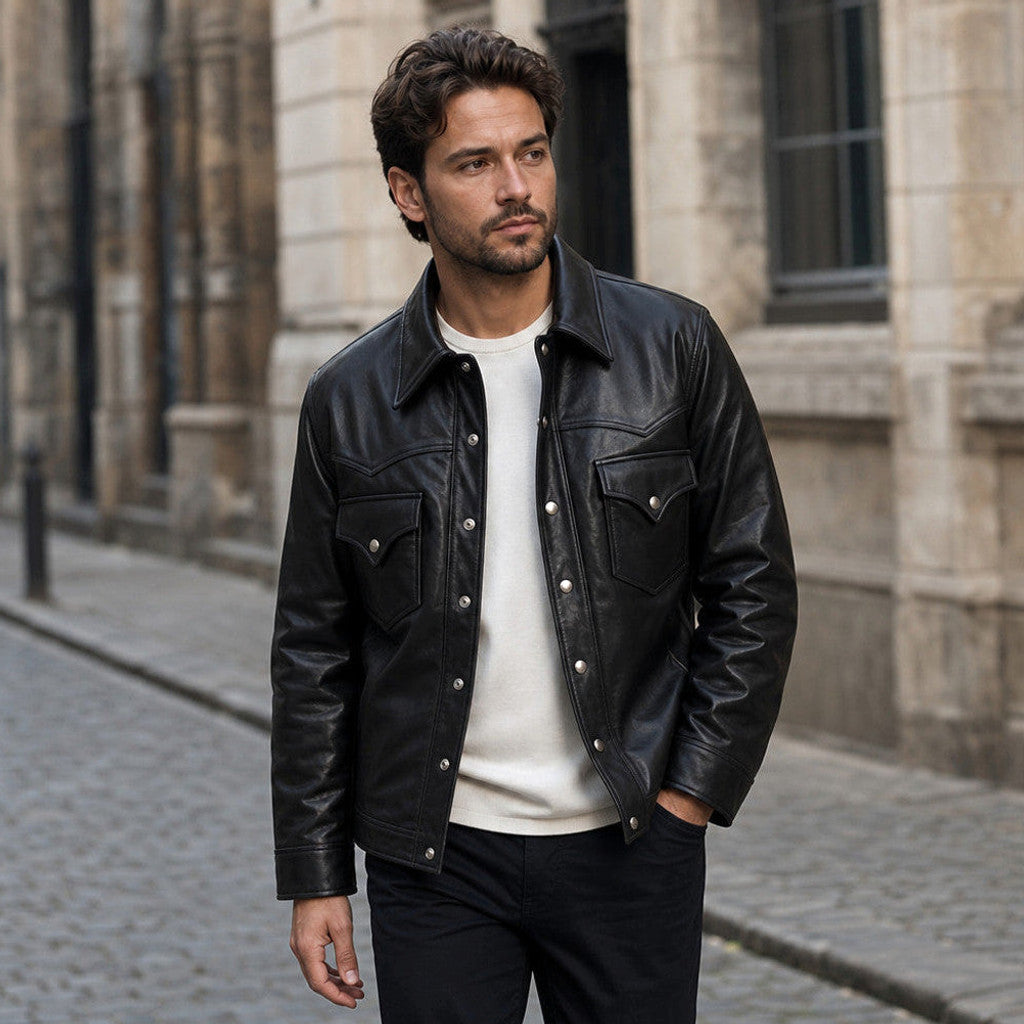 Erskine | Leather Trucker Jacket Sheepskin Black – Product Photo