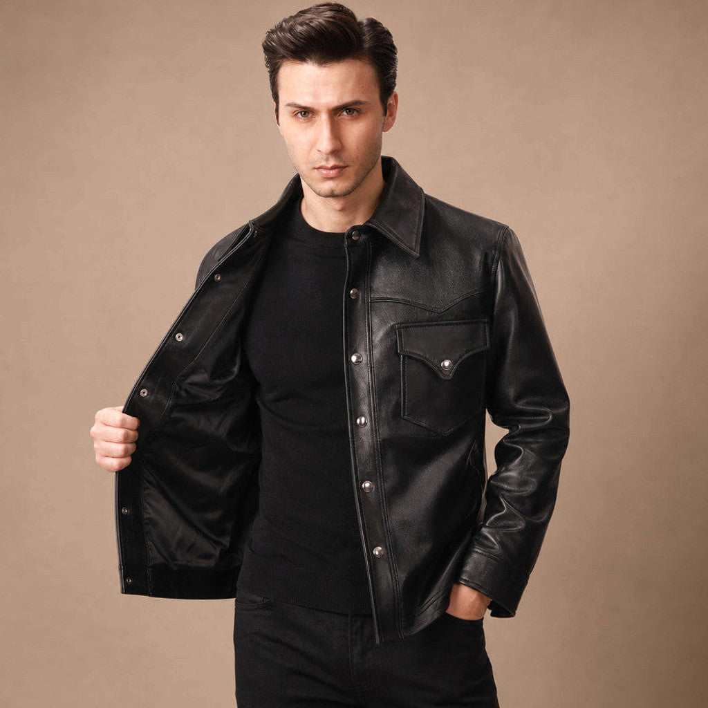 Erskine | Leather Trucker Jacket Sheepskin Black – Product Photo