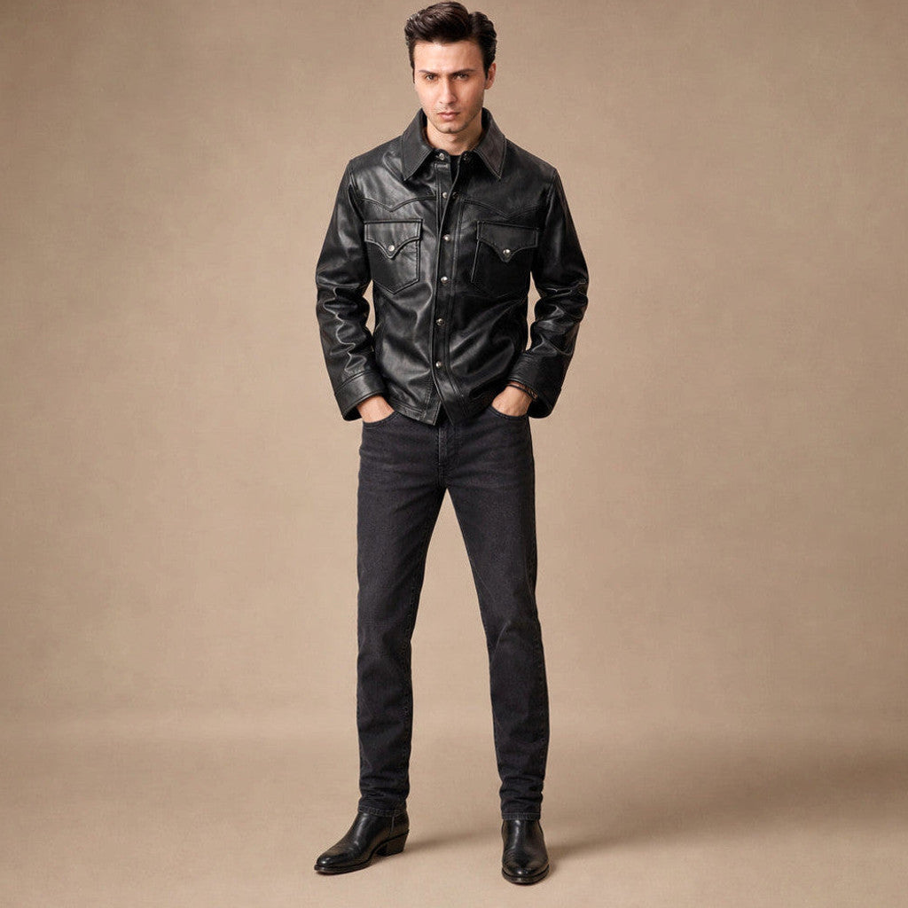 Erskine | Leather Trucker Jacket Sheepskin Black – Product Photo