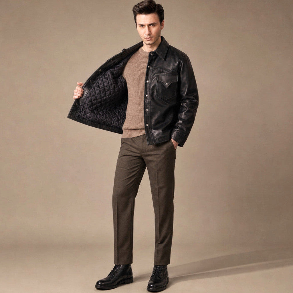 Erskine | Leather Trucker Jacket Sheepskin Black – Product Photo