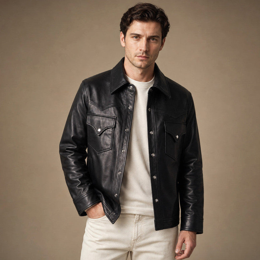 Black sheepskin leather trucker jacket with shirt collar and snap front