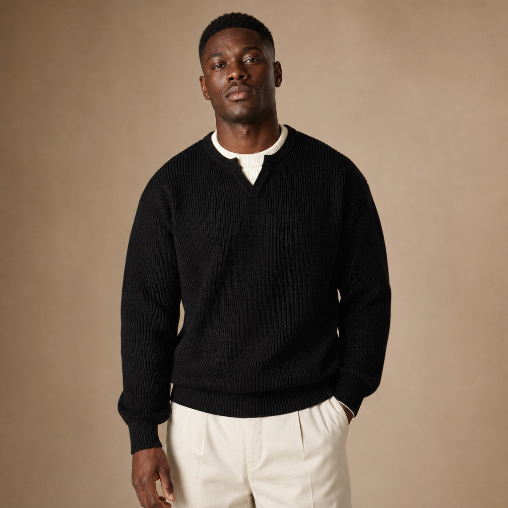 Notched Collar Jumper Layered Knit Black – Product Photo