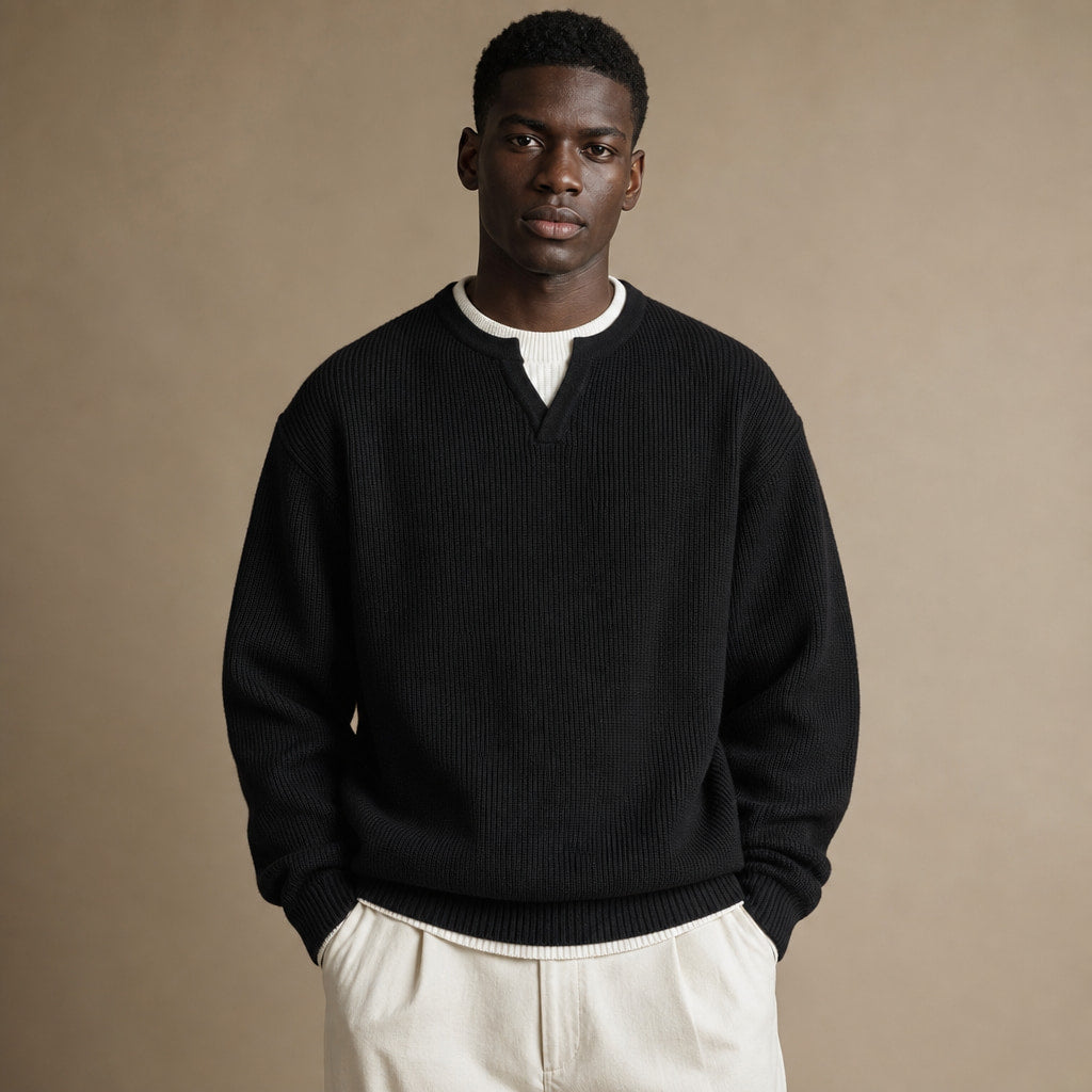 Notched Collar Jumper Layered Knit in Black – Tomosino Premium Menswear