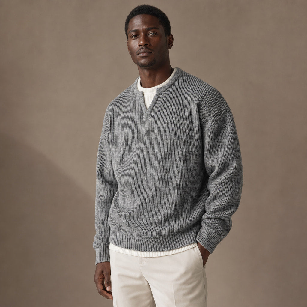Notched Collar Jumper Layered Knit Grey – Side Angle View