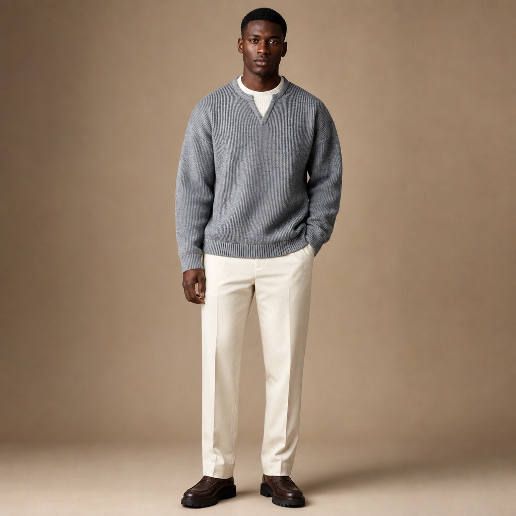 Notched Collar Jumper Layered Knit Grey – Full Look
