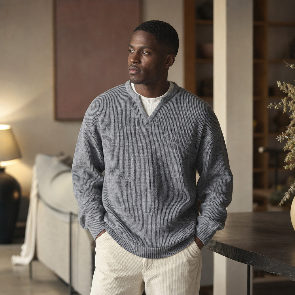 Notched Collar Jumper Layered Knit Grey – Styled Editorial Shot