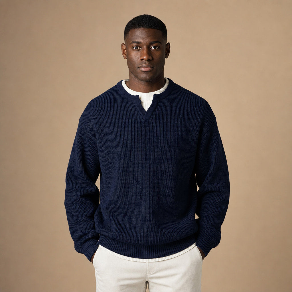 Notched Collar Jumper Layered Knit in Navy – Tomosino Premium Menswear