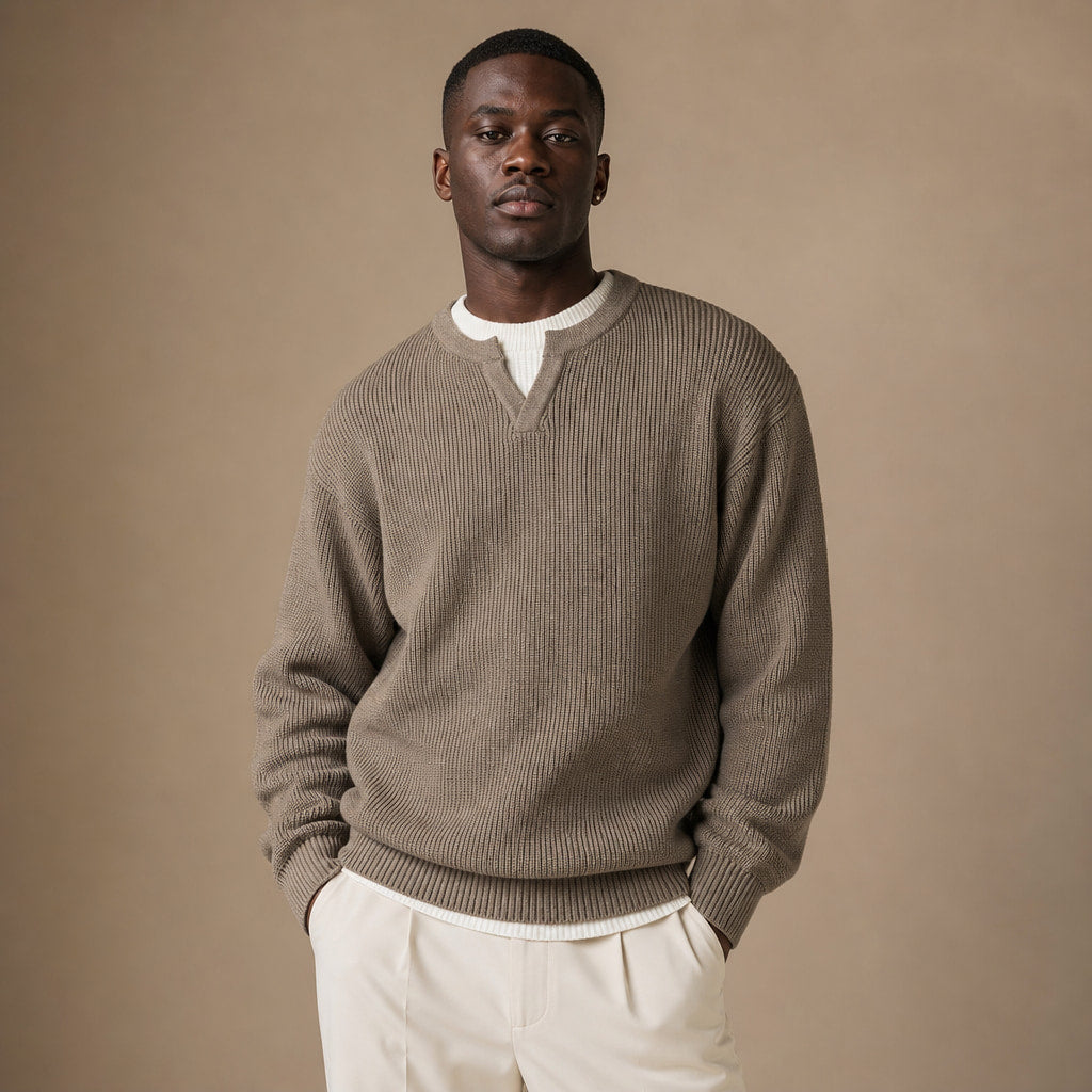 Notched Collar Jumper Layered Knit Tan – Product Photo