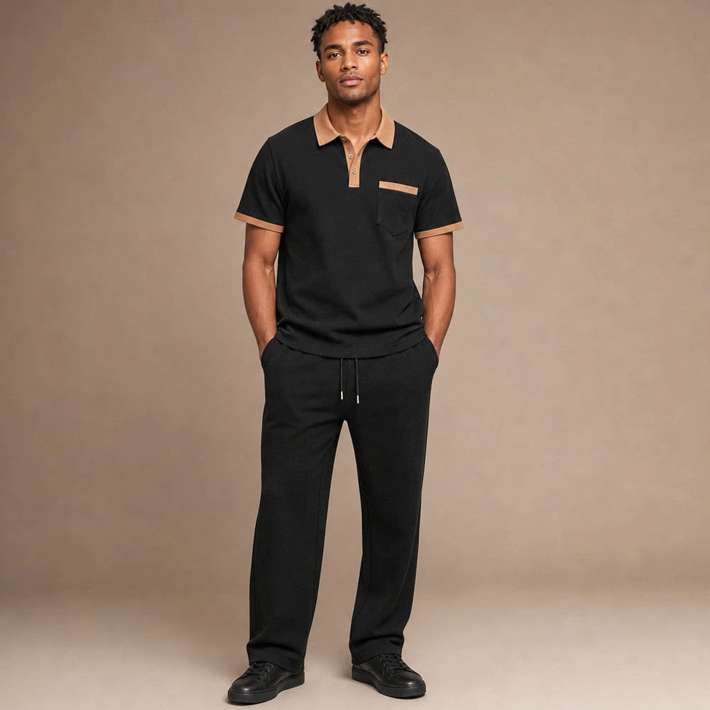 Falcren | Matching Set Waffle Knit Polo Straight-Leg Trousers Black – Product Photo