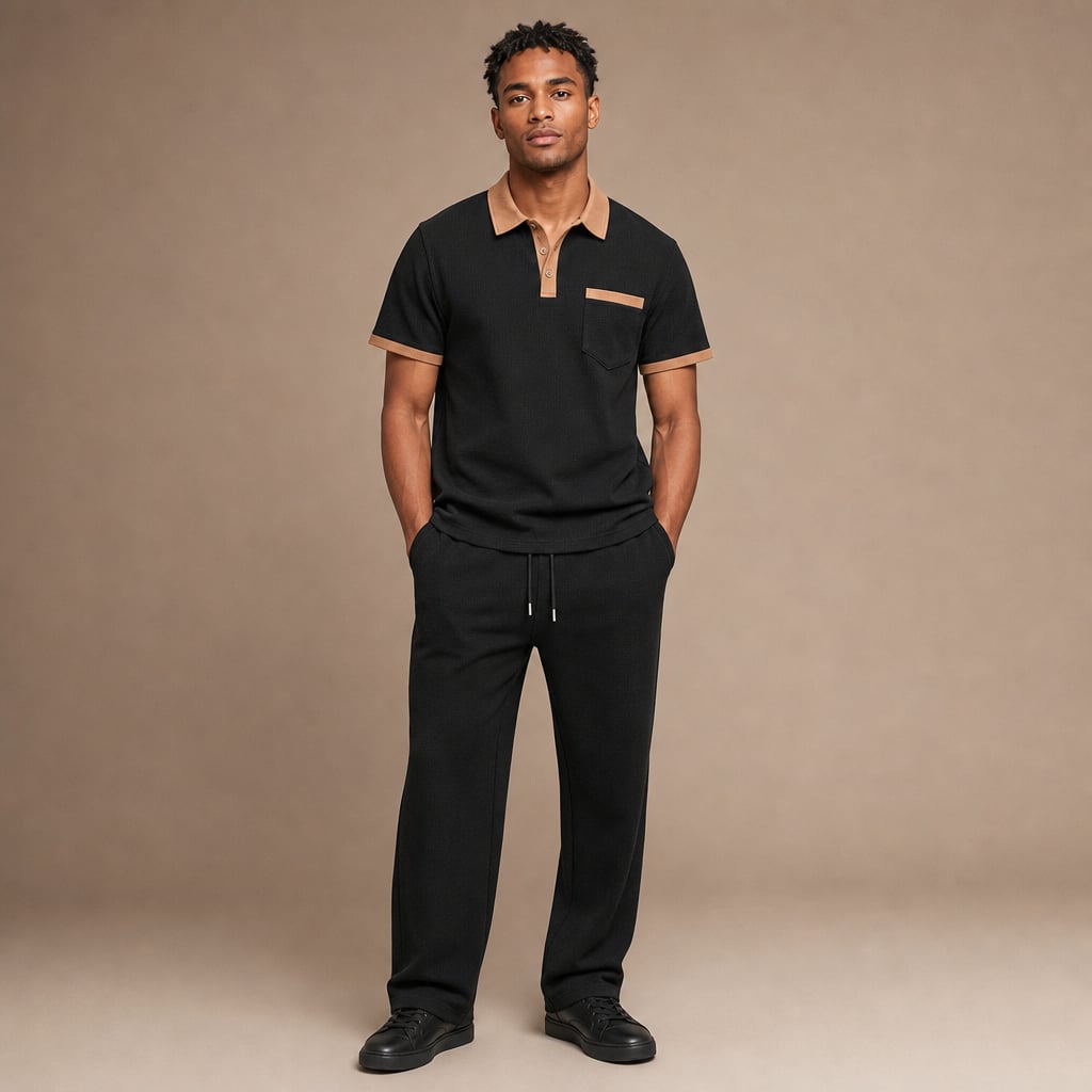 Falcren | Matching Set Waffle Knit Polo Straight-Leg Trousers Black – Product Photo