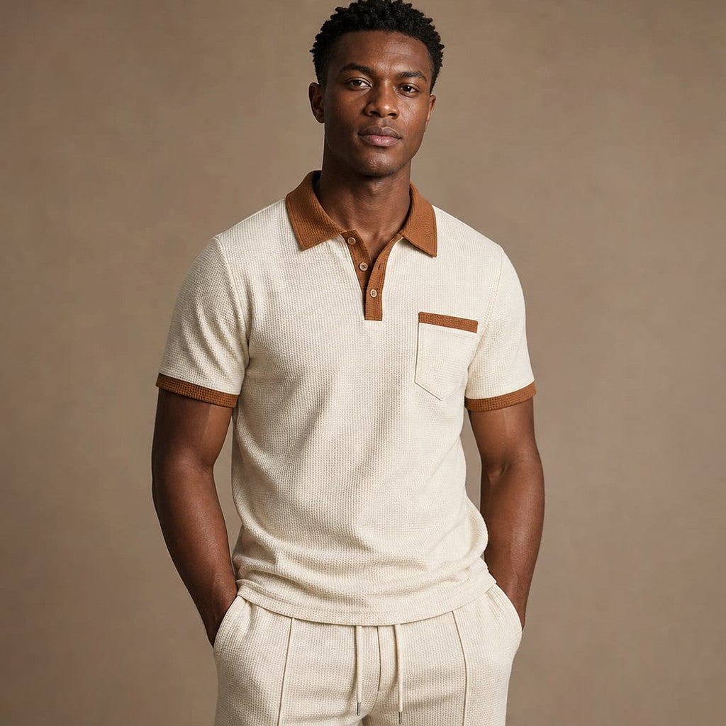 Falcren | Matching Set Waffle Knit Polo Straight-Leg Trousers Khaki – Side Angle View