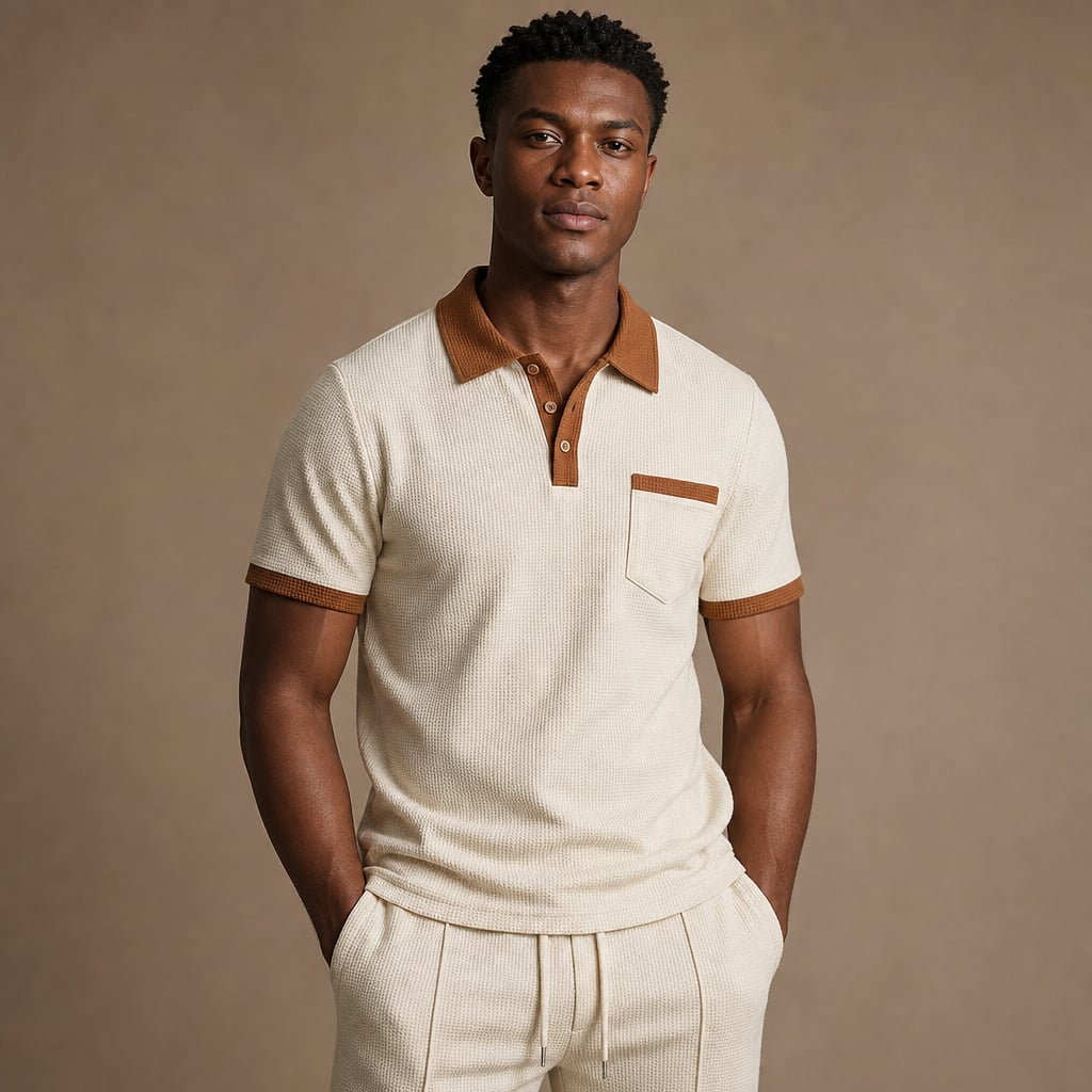 Falcren | Matching Set Waffle Knit Polo Straight-Leg Trousers Khaki – Side Angle View