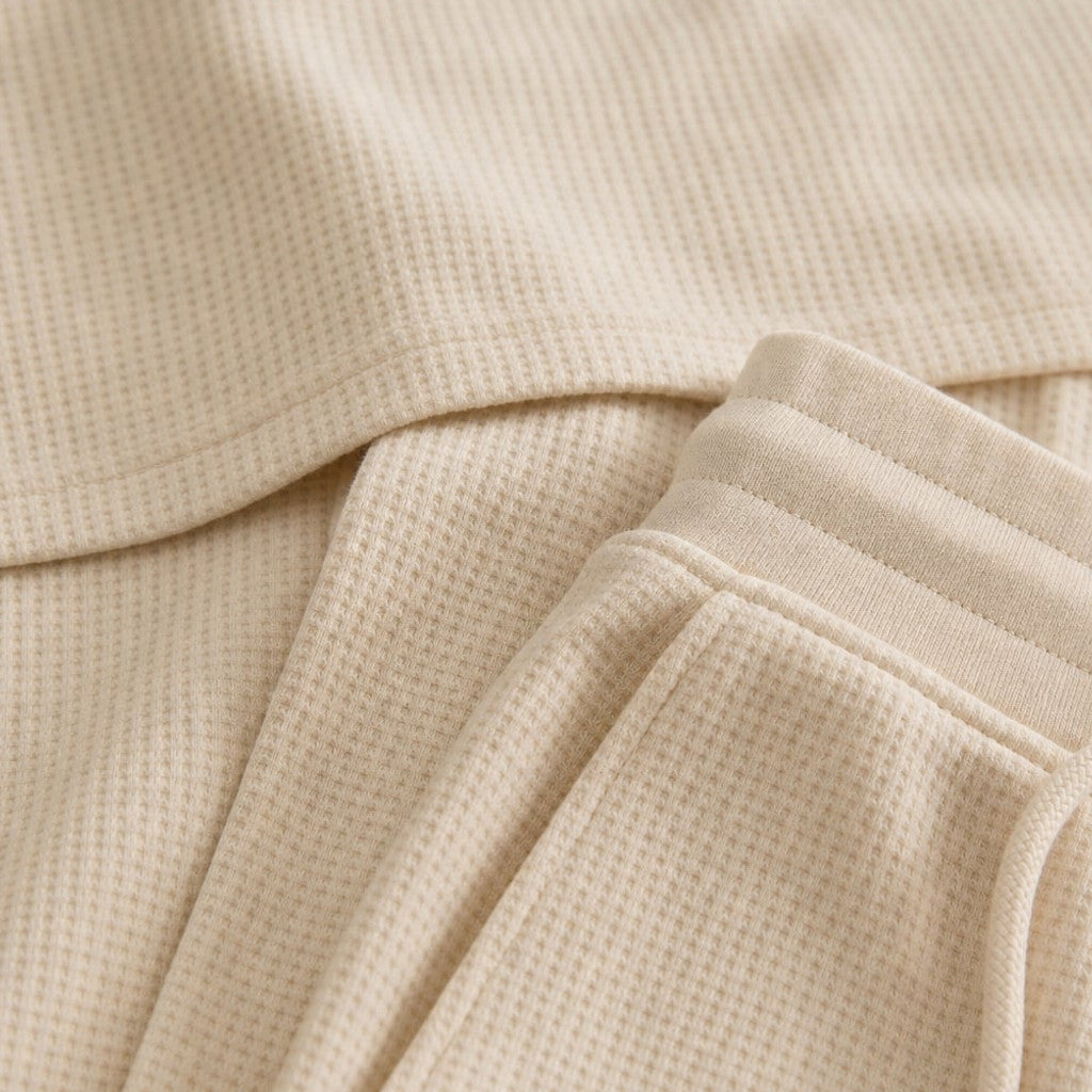 Falcren | Matching Set Waffle Knit Polo Straight-Leg Trousers Khaki – Fabric and Detail Close-Up
