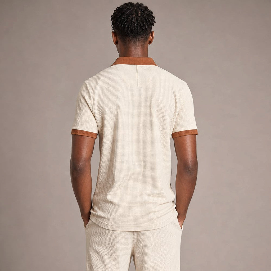 Falcren | Matching Set Waffle Knit Polo Straight-Leg Trousers Khaki – Full Look