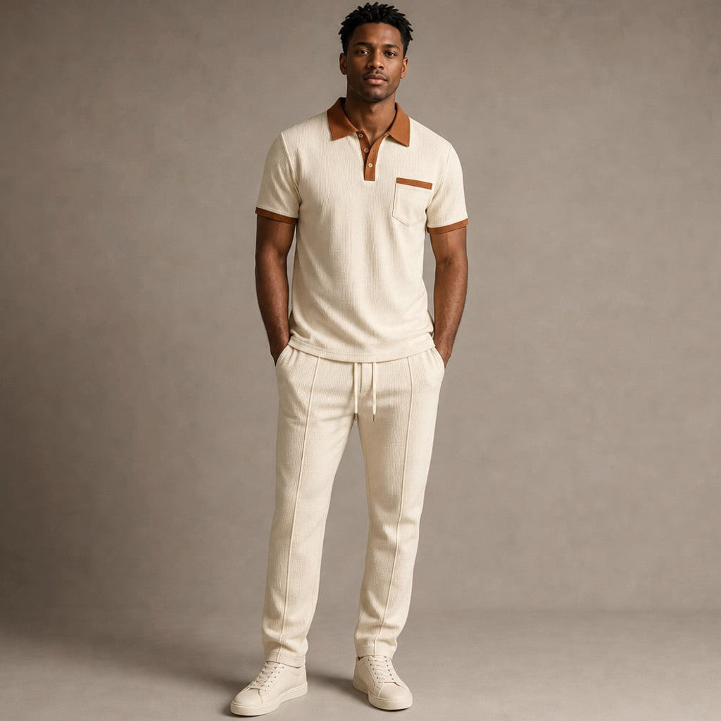 Falcren | Matching Set Waffle Knit Polo Straight-Leg Trousers Khaki – Product Photo