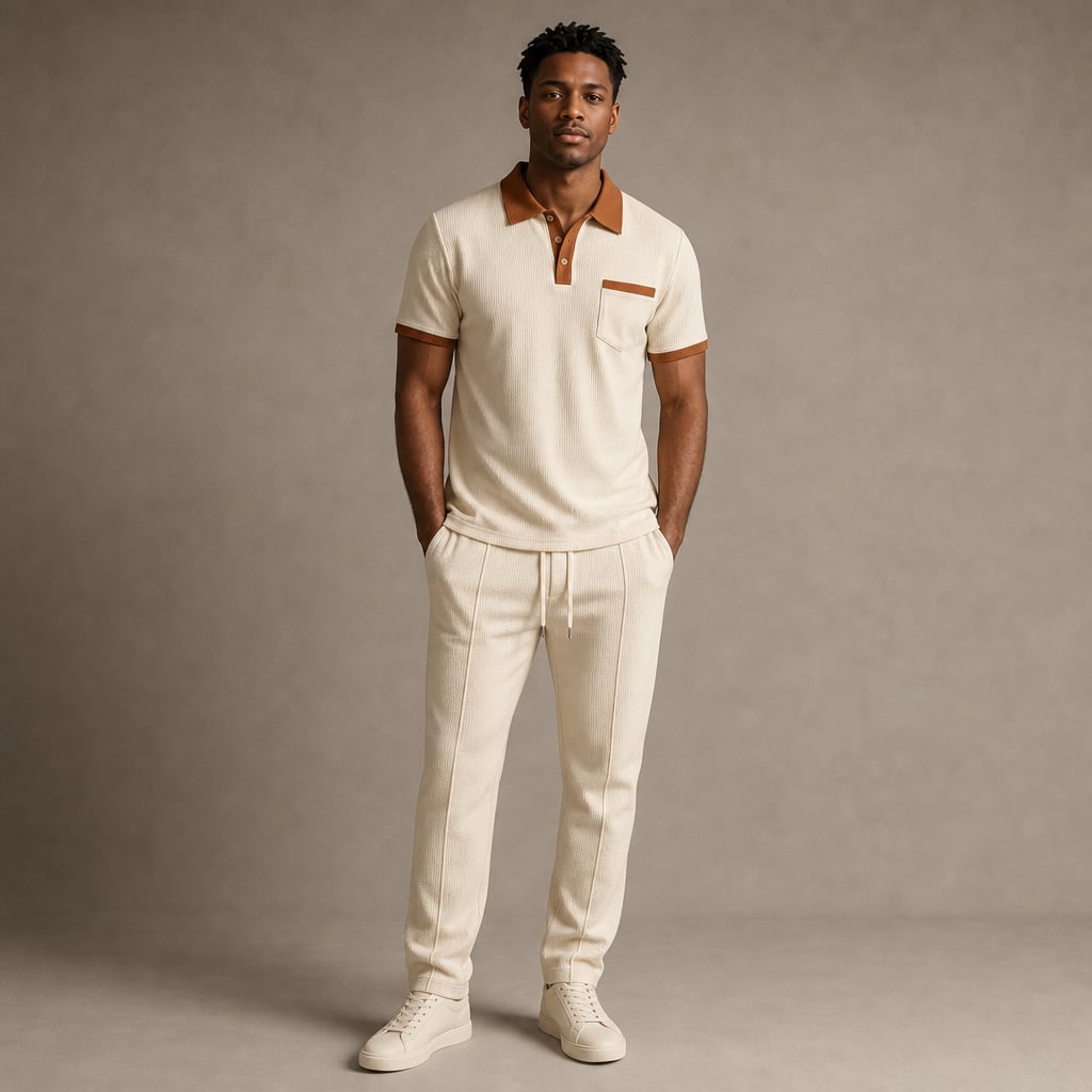 Falcren | Matching Set Waffle Knit Polo Straight-Leg Trousers Khaki – Product Photo