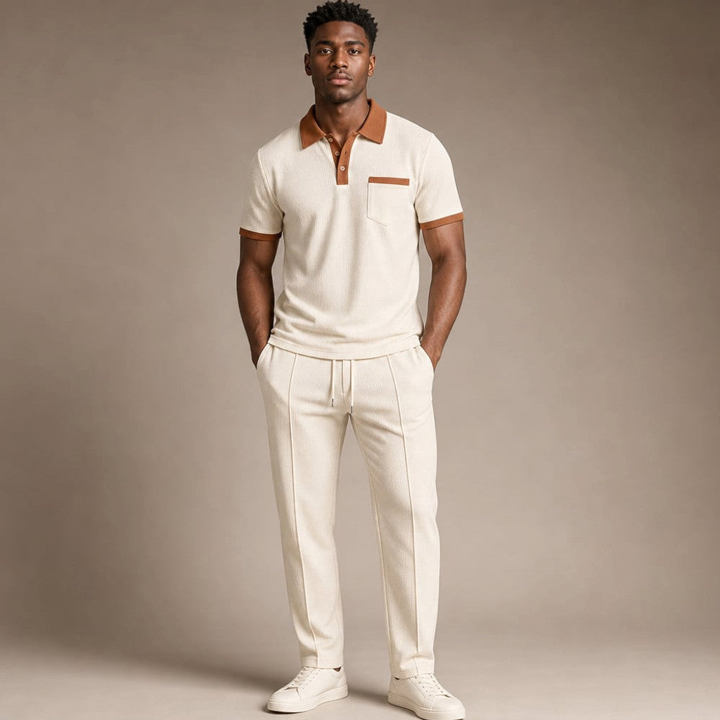 Falcren | Matching Set Waffle Knit Polo Straight-Leg Trousers in Khaki – Tomosino Premium Menswear