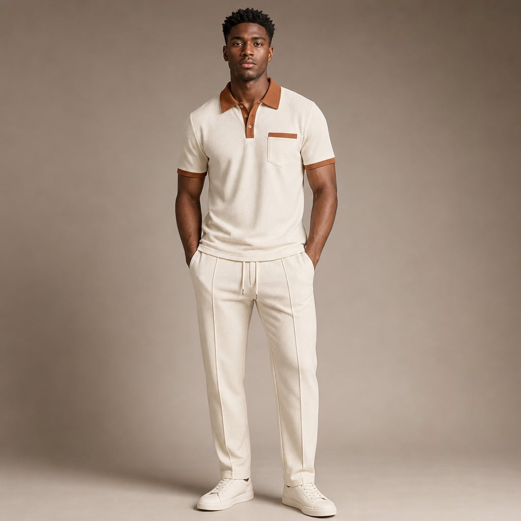 Falcren | Matching Set Waffle Knit Polo Straight-Leg Trousers in Khaki – Tomosino Premium Menswear