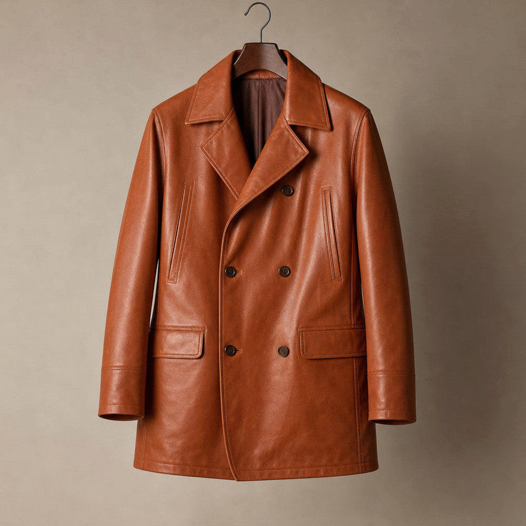 Man wearing tan brown double breasted leather trench coat with dark denim