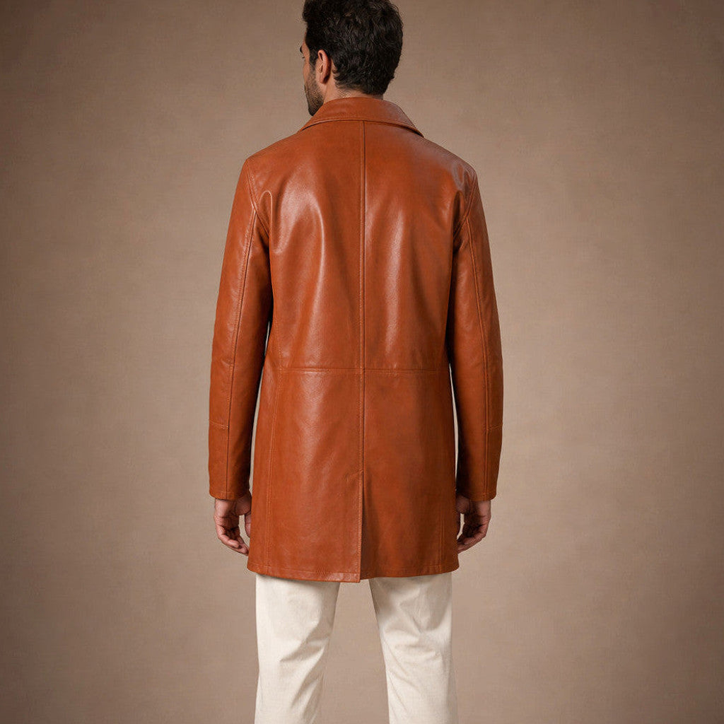 Falmouth | Double Breasted Leather Coat Tan Brown – Product Photo