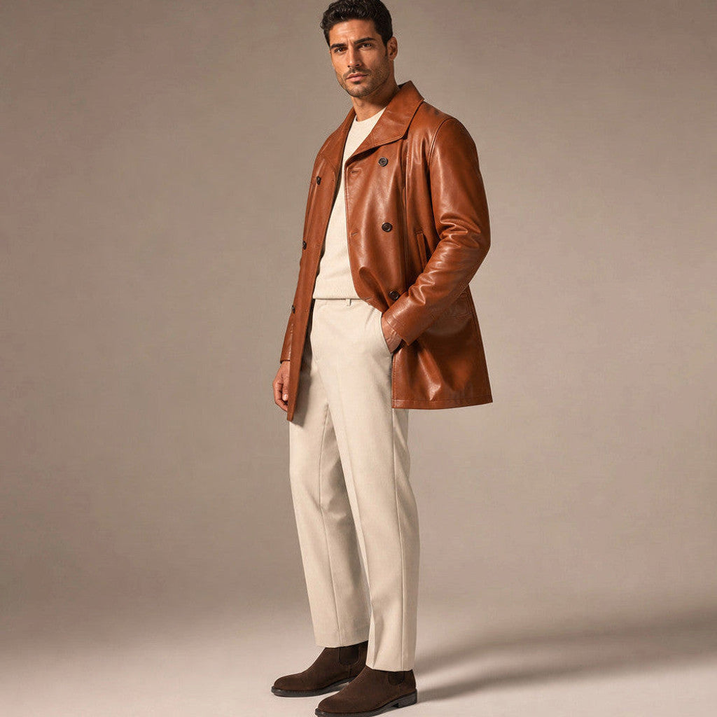Falmouth | Double Breasted Leather Coat Tan Brown – Product Photo