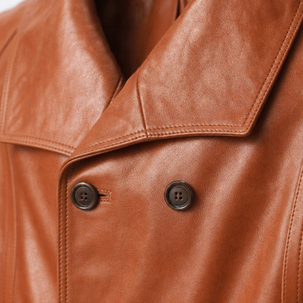 Falmouth | Double Breasted Leather Coat Tan Brown – Product Photo