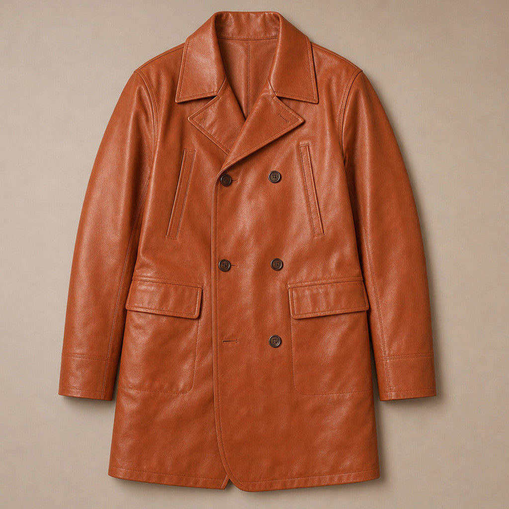 Falmouth | Double Breasted Leather Coat Tan Brown – Product Photo