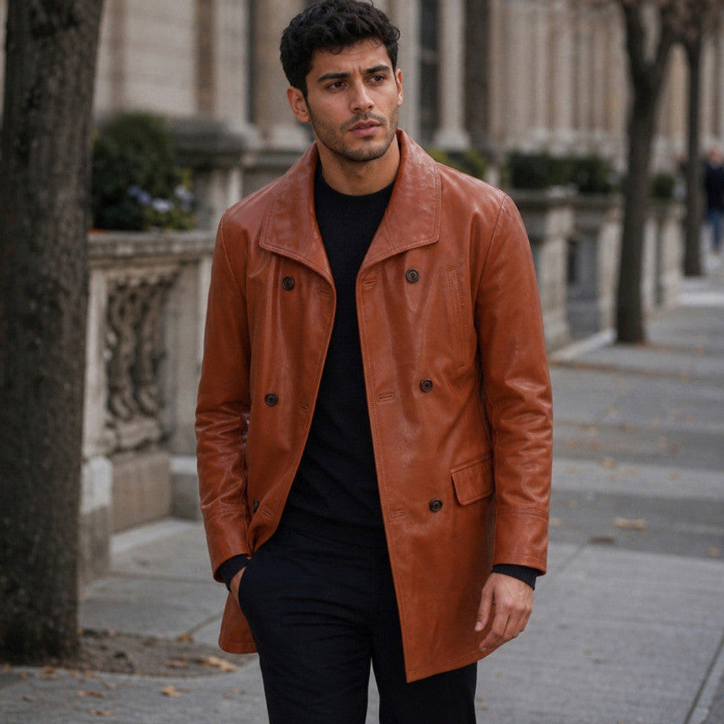 Falmouth | Double Breasted Leather Coat Tan Brown – Product Photo