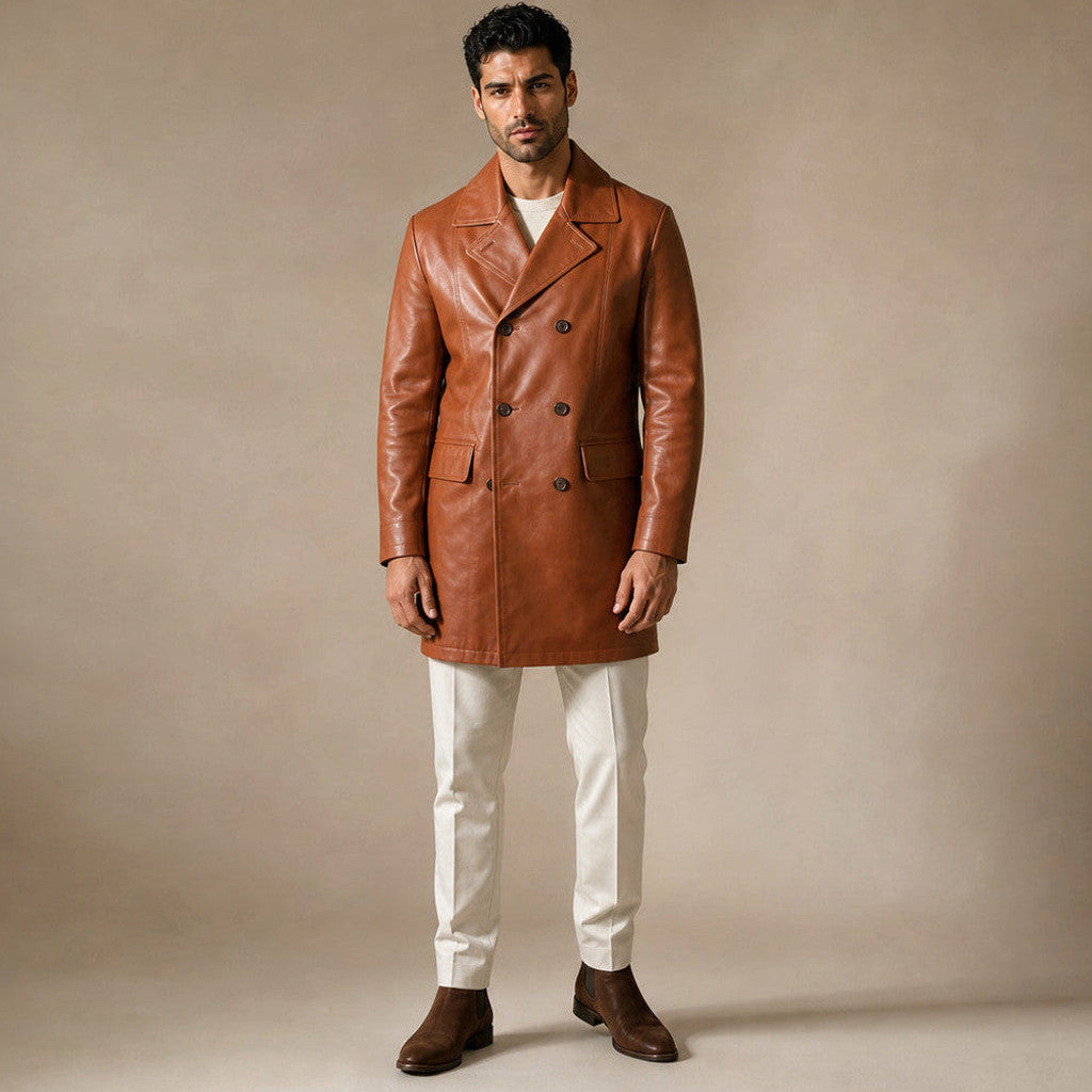 Tan brown double breasted leather coat shown front on