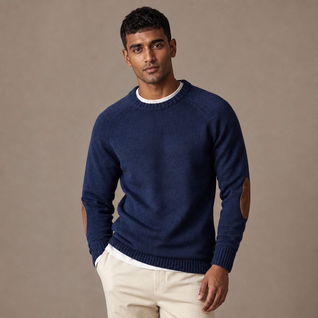 Crew Neck Jumper Elbow Patch Knit Blue – Product Photo
