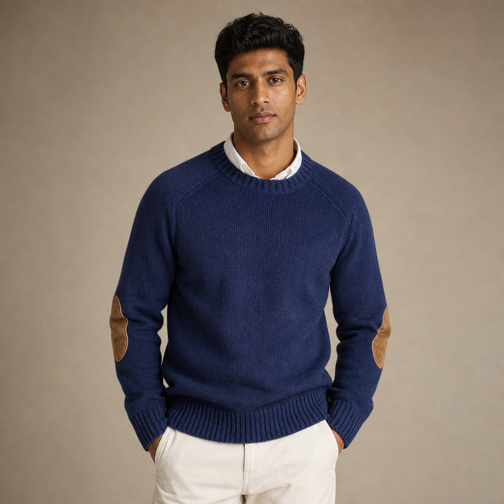Crew Neck Jumper Elbow Patch Knit in Blue – Tomosino Premium Menswear