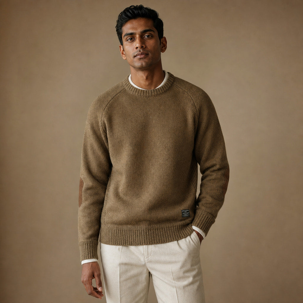 Crew Neck Jumper Elbow Patch Knit Brown – Product Photo