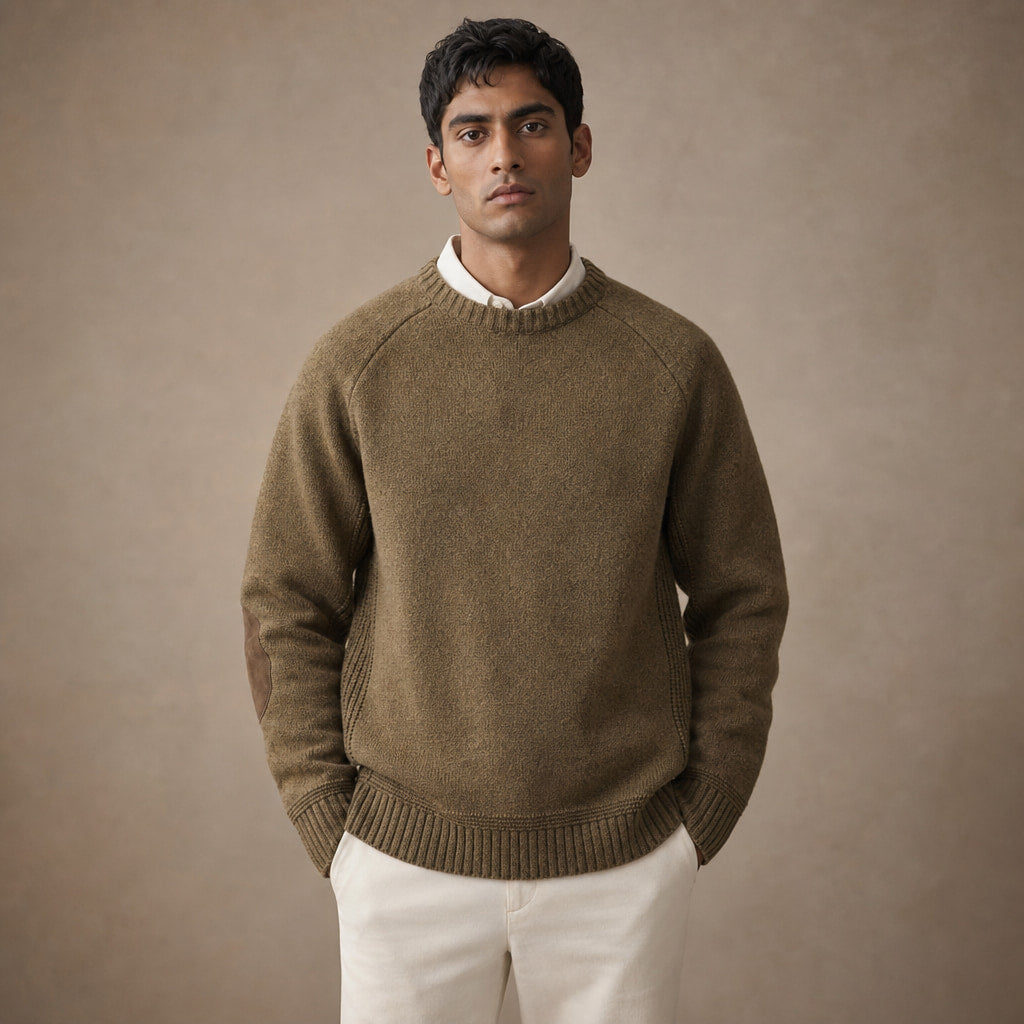 Crew Neck Jumper Elbow Patch Knit in Brown – Tomosino Premium Menswear