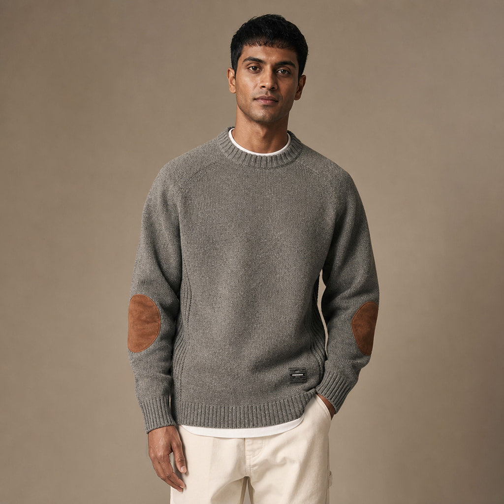 Crew Neck Jumper Elbow Patch Knit Grey – Product Photo