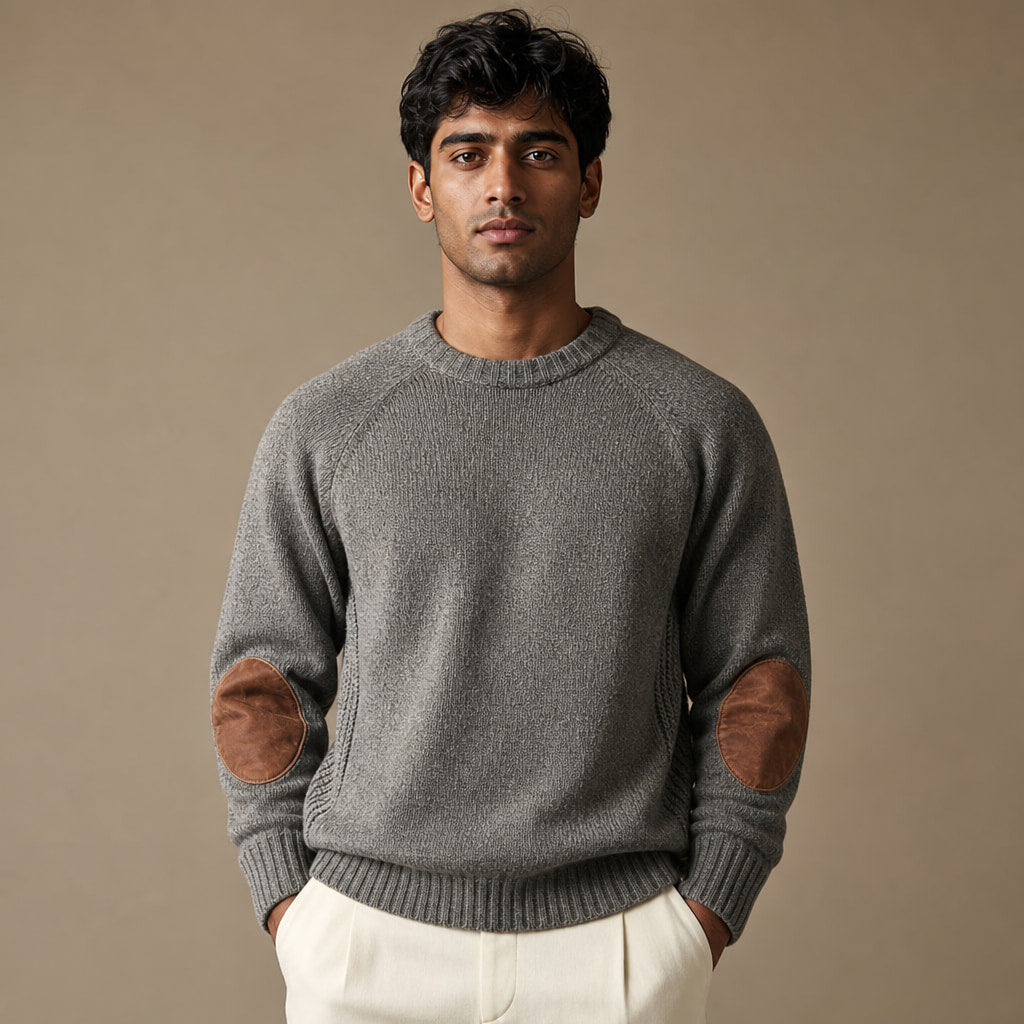 Crew Neck Jumper Elbow Patch Knit in Grey – Tomosino Premium Menswear