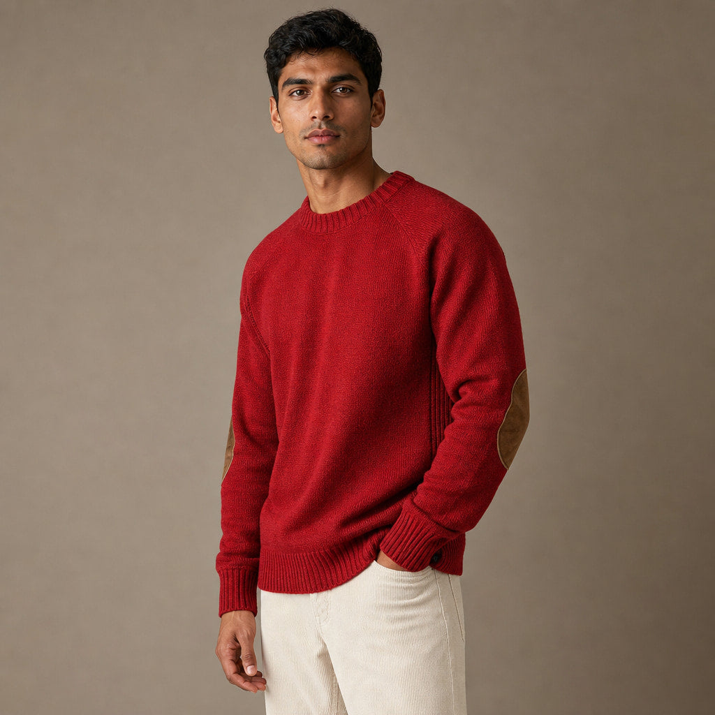 Crew Neck Jumper Elbow Patch Knit Red – Side Angle View
