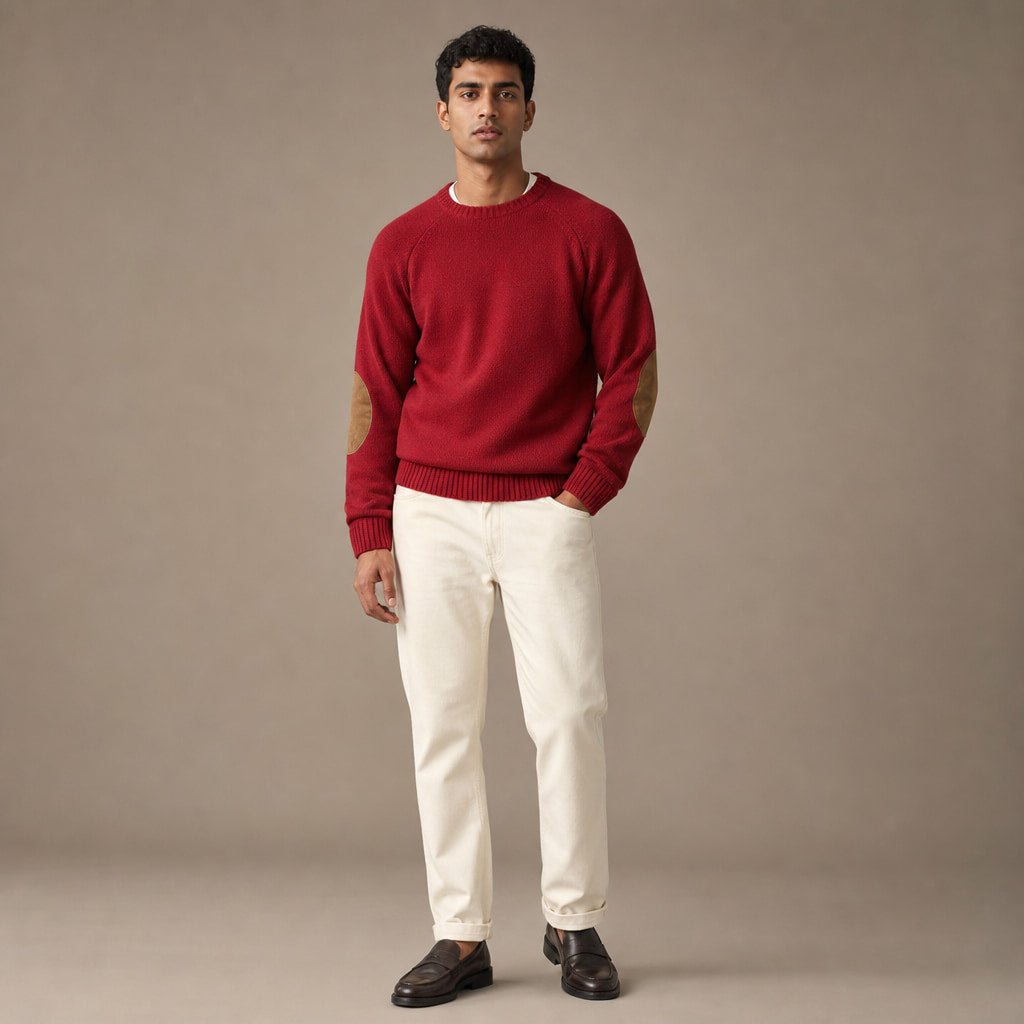 Crew Neck Jumper Elbow Patch Knit Red – Full Look