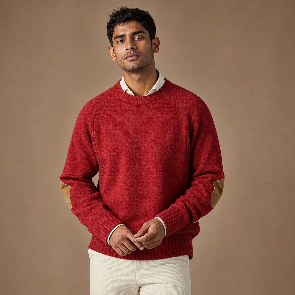 Crew Neck Jumper Elbow Patch Knit Red – Product Photo