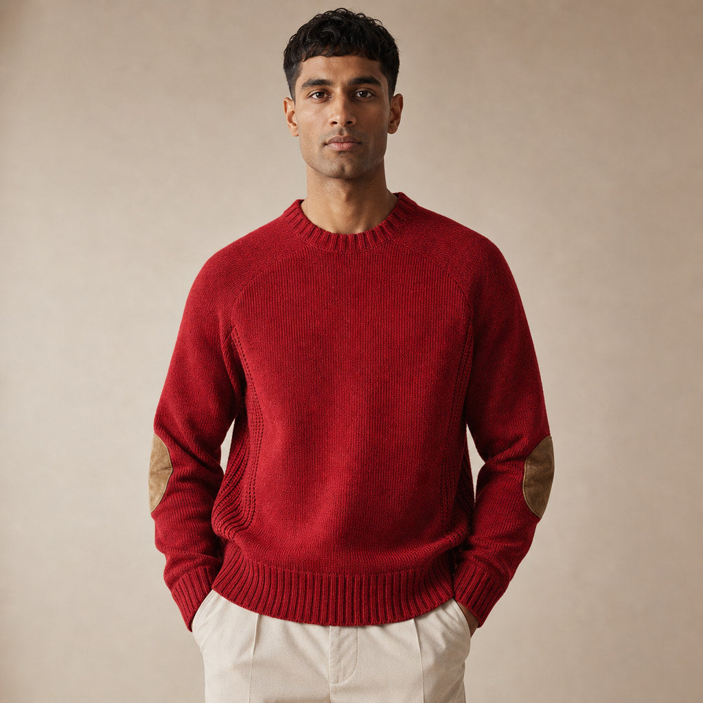 Crew Neck Jumper Elbow Patch Knit in Red – Tomosino Premium Menswear