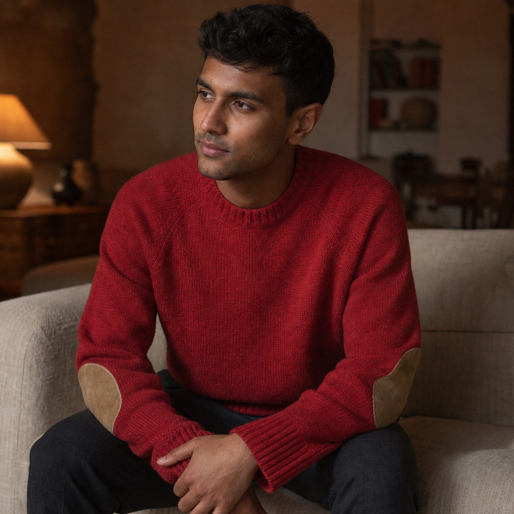 Crew Neck Jumper Elbow Patch Knit Red – Styled Editorial Shot