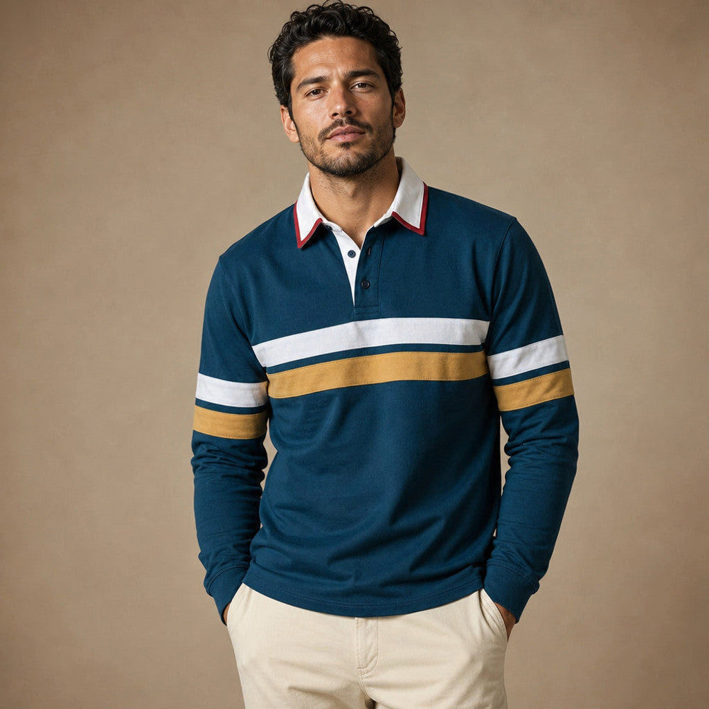 Fenrick | Rugby Shirt Striped Contrast Collar Blue Green – Product Photo