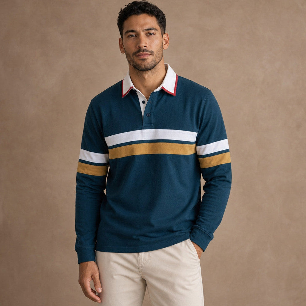 Fenrick | Rugby Shirt Striped Contrast Collar in Blue Green – Premium Editorial