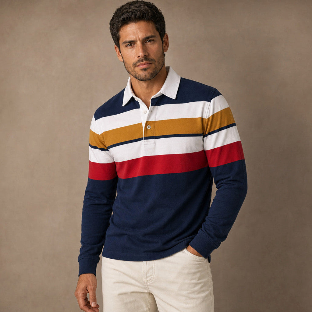 Fenrick | Rugby Shirt Striped Contrast Collar Royal – Side Angle View