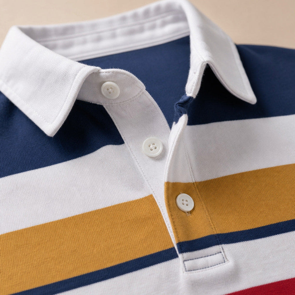 Fenrick | Rugby Shirt Striped Contrast Collar Royal – Fabric and Detail Close-Up