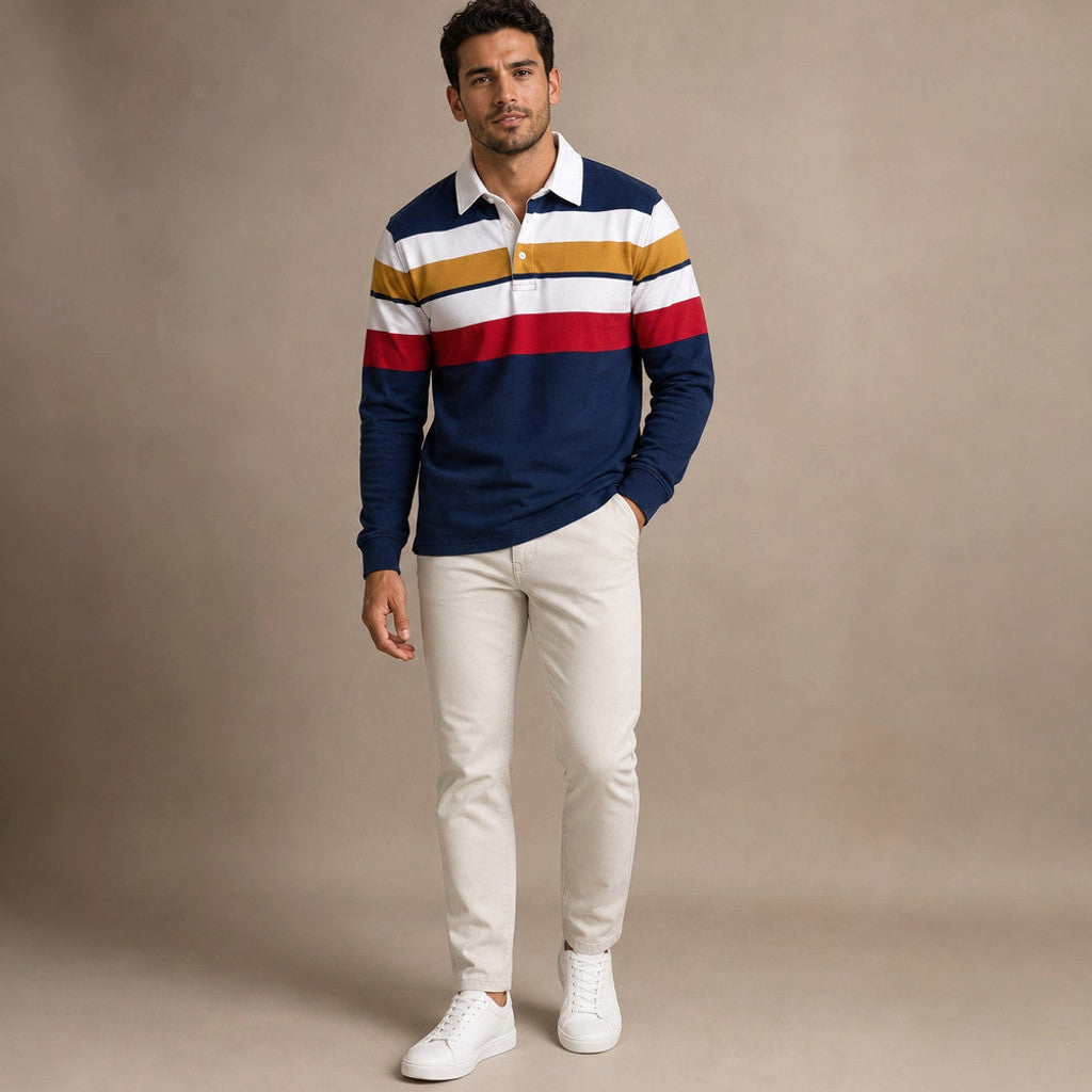 Fenrick | Rugby Shirt Striped Contrast Collar Royal – Full Look