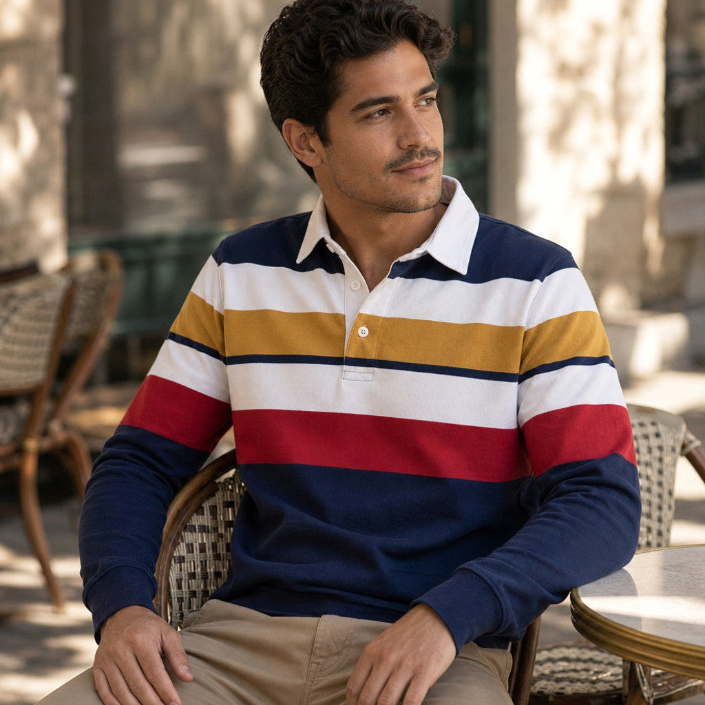 Fenrick | Rugby Shirt Striped Contrast Collar Royal – Styled Editorial Shot